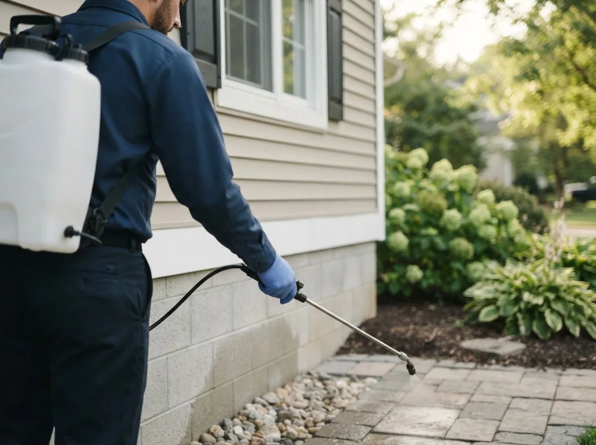 Pest control technician inspecting a home in Scottsville, NY